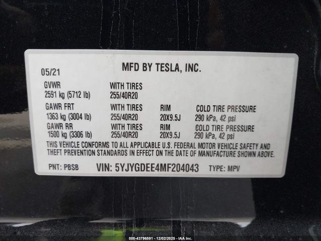 Aukcja sprzedaży 2021 Tesla Model Y Long Range Dual Motor All-wheel Drive, vin: 5YJYGDEE4MF204043, numer aukcji: 43796591