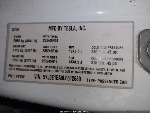 2020 TESLA MODEL 3 5YJ3E1EA0LF612680 Photo 8