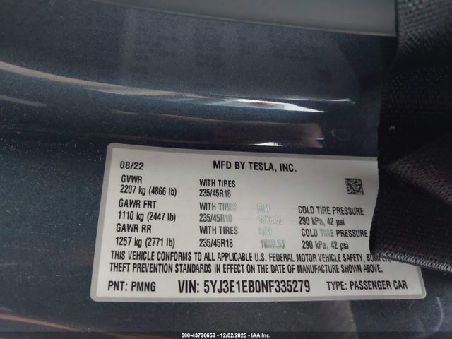 2022 TESLA MODEL 3 5YJ3E1EB0NF335279 Photo 8
