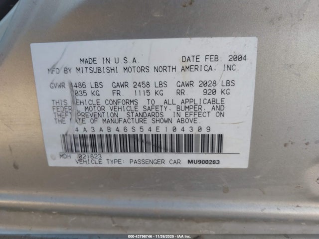 2004 MITSUBISHI GALANT 4A3AB46S54E104309 Photo 8