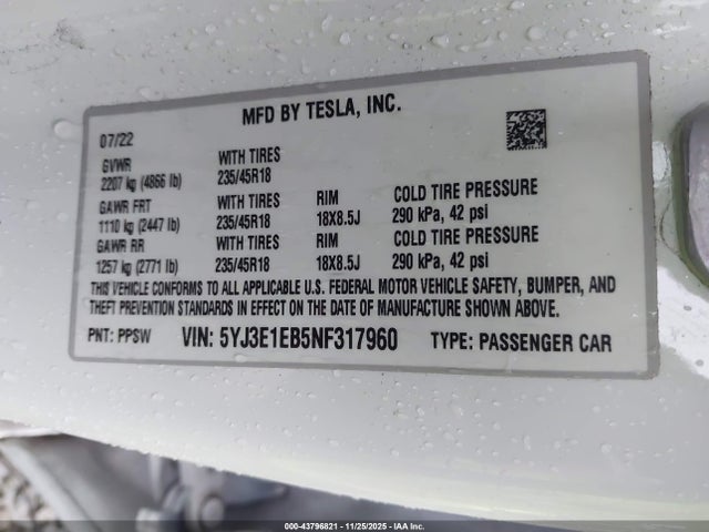 2022 TESLA MODEL 3 5YJ3E1EB5NF317960 Photo 8