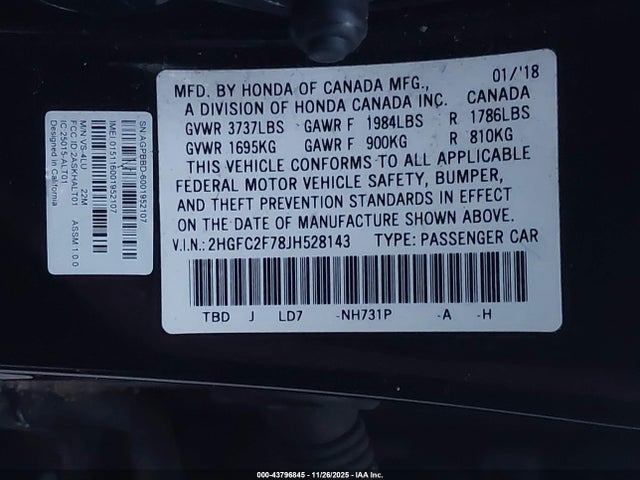 Honda k20c2 2018 2HGFC2F78JH528143 Image 9