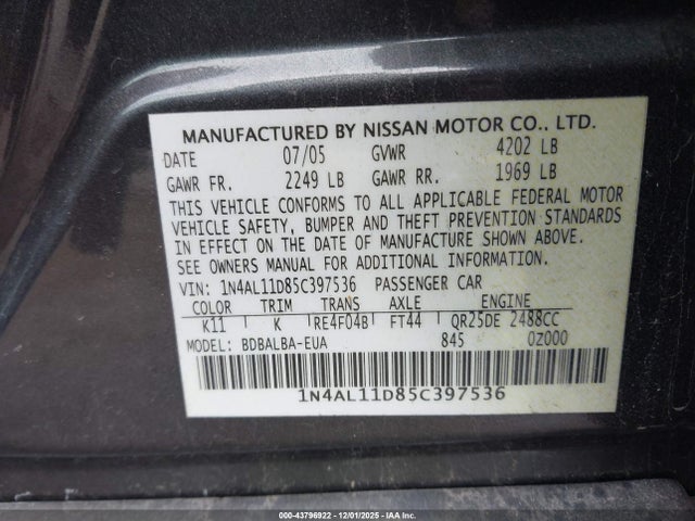 Продаж на аукціоні авто 2005 Nissan Altima 2.5 S, vin: 1N4AL11D85C397536, номер лоту: 43796922