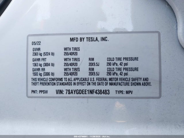 2022 TESLA MODEL Y 7SAYGDEE1NF438483 Photo 8