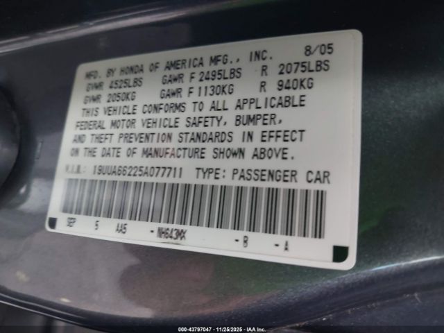 2005 ACURA TL 19UUA66225A077711 Photo 8