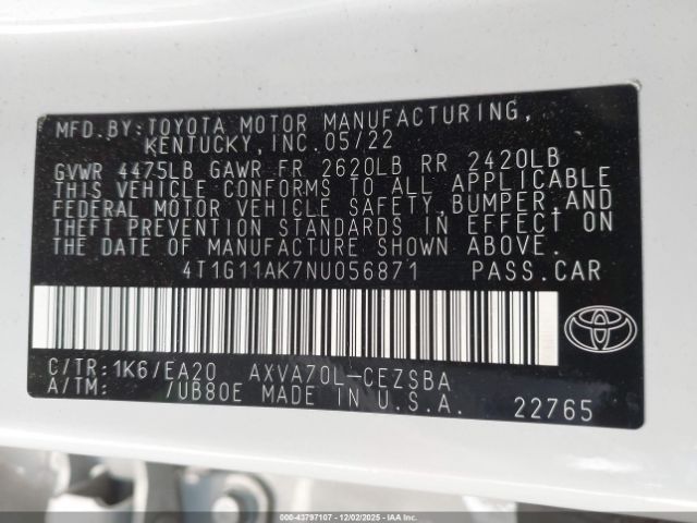 2022 TOYOTA CAMRY 4T1G11AK7NU056871 Photo 8