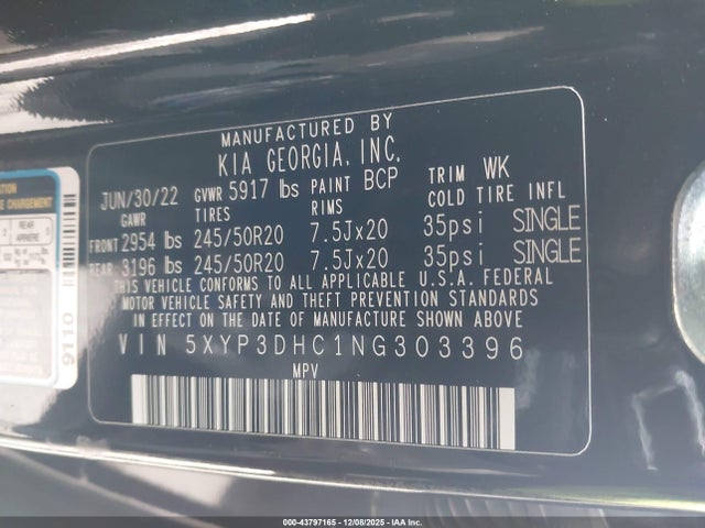 5XYP3DHC1NG303396 KIA Telluride Ex