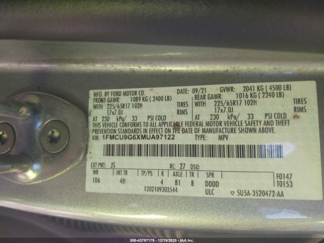 2021 FORD ESCAPE 1FMCU9G6XMUA97122 Photo 8