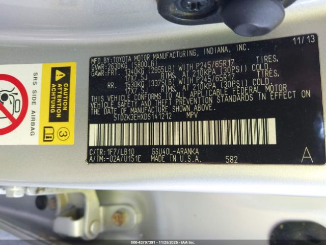 2013 TOYOTA HIGHLANDER 5TDZK3EHXDS141212 Photo 8