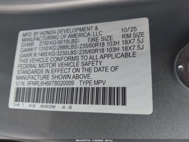 5FNRL6H66TB020009 Honda Odyssey Ex-l