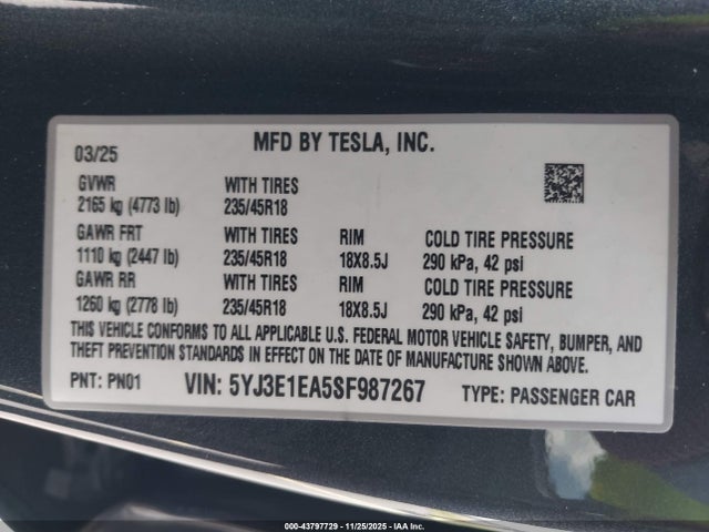 2025 TESLA MODEL 3 5YJ3E1EA5SF987267 Photo 8