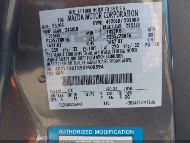 2005 MAZDA TRIBUTE 4F2YZ961X5KM08594 Photo 8