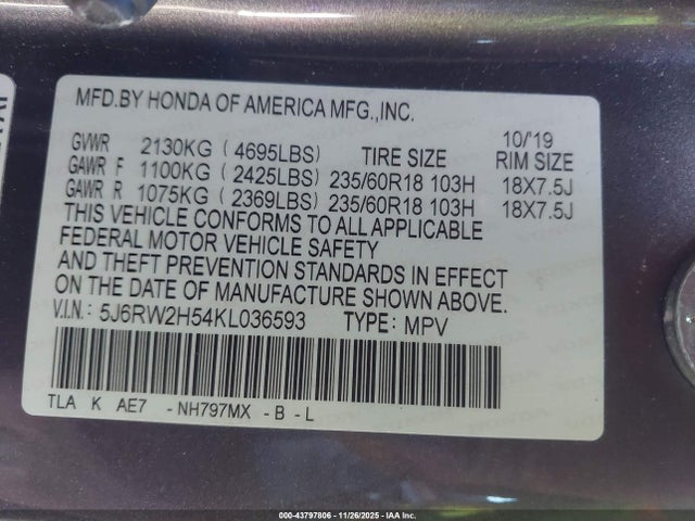 5J6RW2H54KL036593 Honda CR-V EX