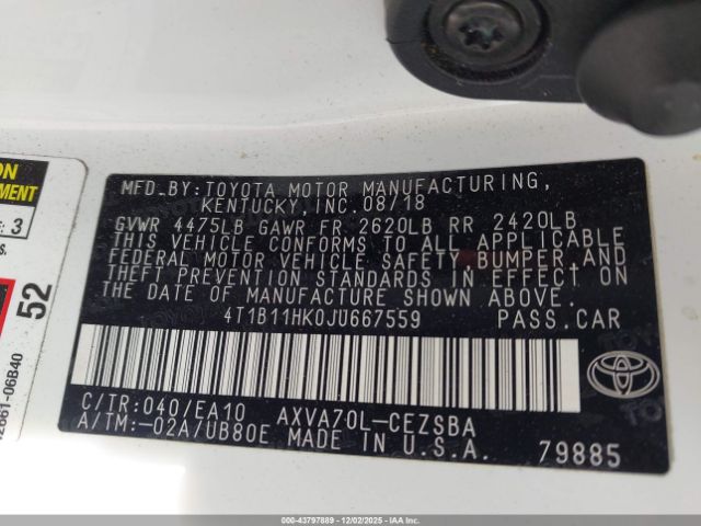 2018 TOYOTA CAMRY 4T1B11HK0JU667559 Photo 8