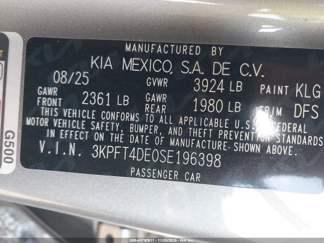 2025 Kia K4 Lxs მანქანა იყიდება აუქციონზე, vin: 3KPFT4DE0SE196398, აუქციონის ნომერი: 43797911