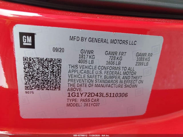 1G1Y72D43L5110306 Chevrolet Corvette Stingray Rwd 2lt