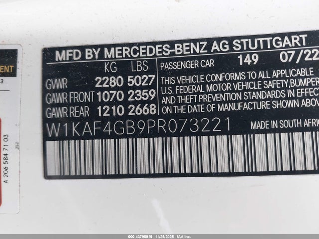 43798019 :رقم المزاد ، W1KAF4GB9PR073221 vin ، 2023 Mercedes-benz C 300 Sedan مزاد بيع