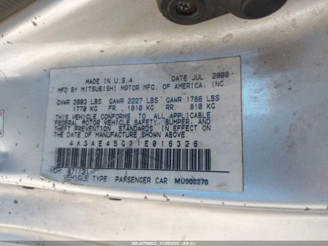 2001 MITSUBISHI ECLIPSE SPYDER 4A3AE45G31E016326 Photo 8