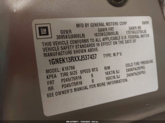 1999 CHEVROLET TAHOE 1GNEK13RXXJ537437 Photo 8