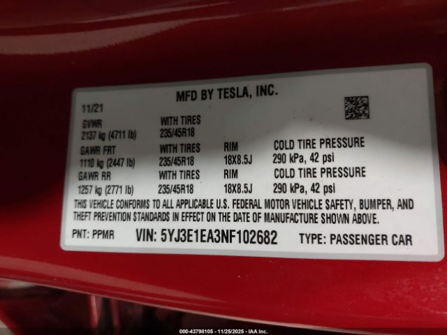 2022 TESLA MODEL 3 5YJ3E1EA3NF102682 Photo 8