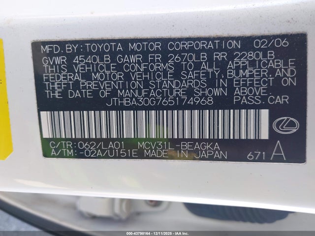 43798164 :رقم المزاد ، JTHBA30G765174968 vin ، 2006 Lexus Es 330 مزاد بيع