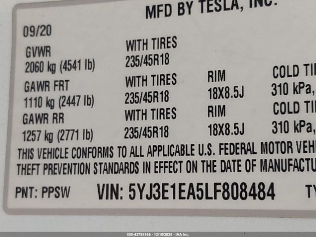 2020 TESLA MODEL 3 5YJ3E1EA5LF808484 Photo 8