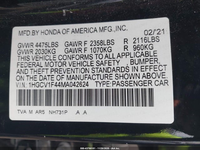 2021 HONDA ACCORD 1HGCV1F44MA042624 Photo 8