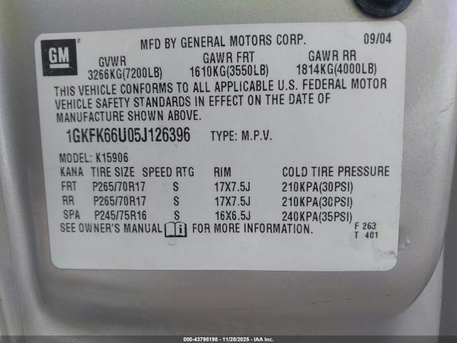 Aukcja sprzedaży 2005 Gmc Yukon Xl 1500 Denali, vin: 1GKFK66U05J126396, numer aukcji: 43798198
