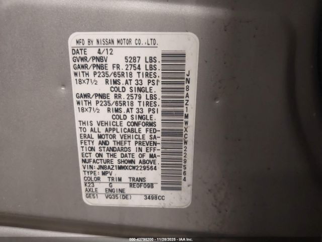 2012 NISSAN MURANO JN8AZ1MWXCW229564 Photo 8