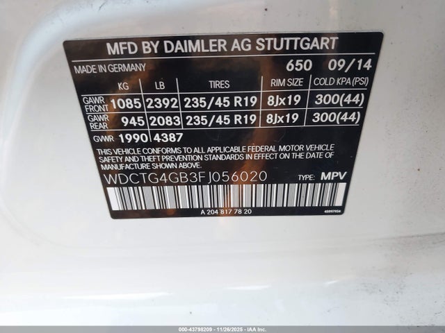 43798209 :رقم المزاد ، WDCTG4GB3FJ056020 vin ، 2015 Mercedes-benz Gla 250 4matic مزاد بيع