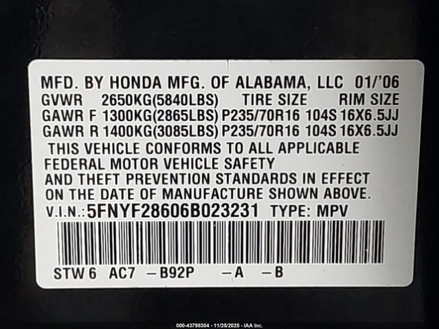 2006 HONDA PILOT 5FNYF28606B023231 Photo 8