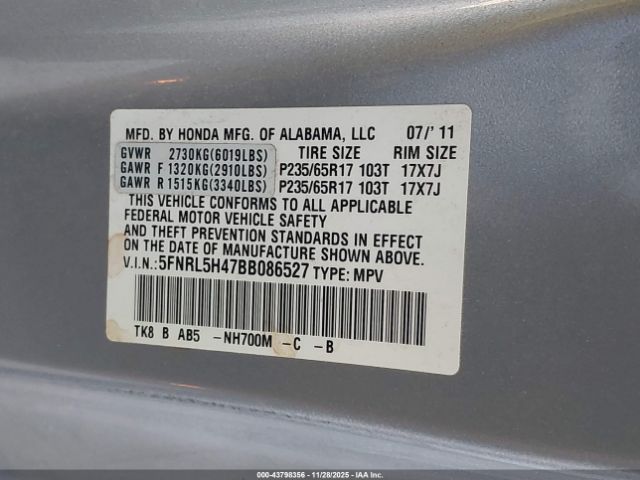 2011 HONDA ODYSSEY 5FNRL5H47BB086527 Photo 8