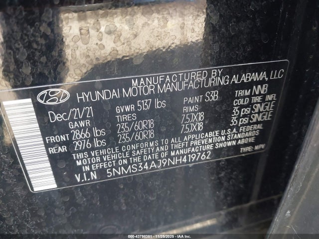 5NMS34AJ9NH419762 Hyundai Santa Fe Sel