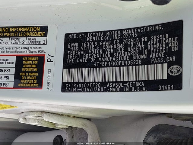 Aukcja sprzedaży 2015 Toyota Camry Se, vin: 4T1BF1FK0FU105236, numer aukcji: 43798518