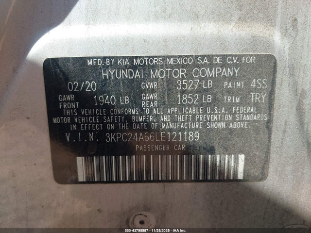 43798557 :رقم المزاد ، 3KPC24A66LE121189 vin ، 2020 Hyundai Accent Se مزاد بيع