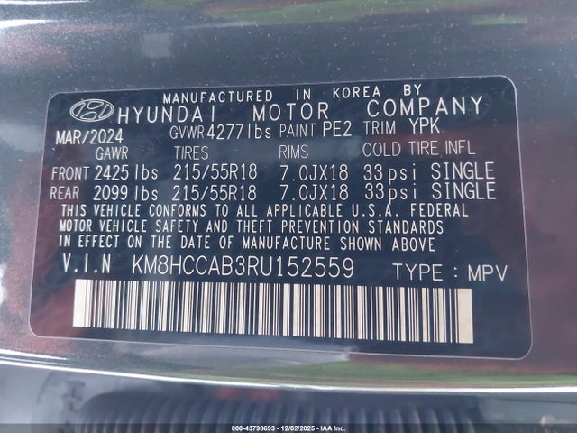 43798693 :رقم المزاد ، KM8HCCAB3RU152559 vin ، 2024 Hyundai Kona Sel مزاد بيع