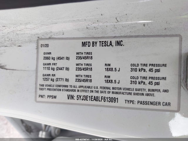 2020 TESLA MODEL 3 5YJ3E1EA8LF613091 Photo 8