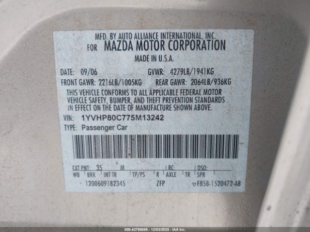 2007 MAZDA MAZDA6 1YVHP80C775M13242 Photo 8