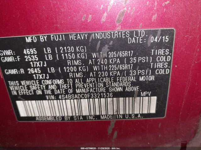 4S4BSADC0F3321536 Subaru Outback 2.5i Premium