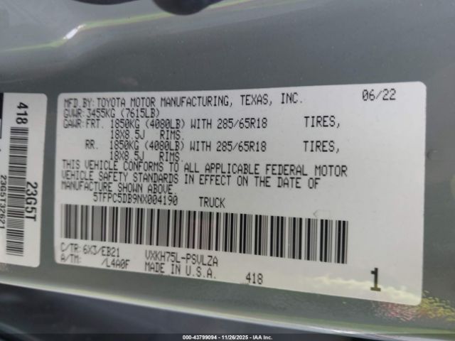 2022 TOYOTA TUNDRA HYBRID 5TFPC5DB9NX004190 Photo 8