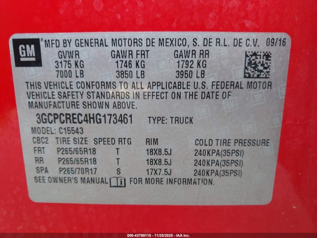 3GCPCREC4HG173461 Chevrolet Silverado 1500 1lt