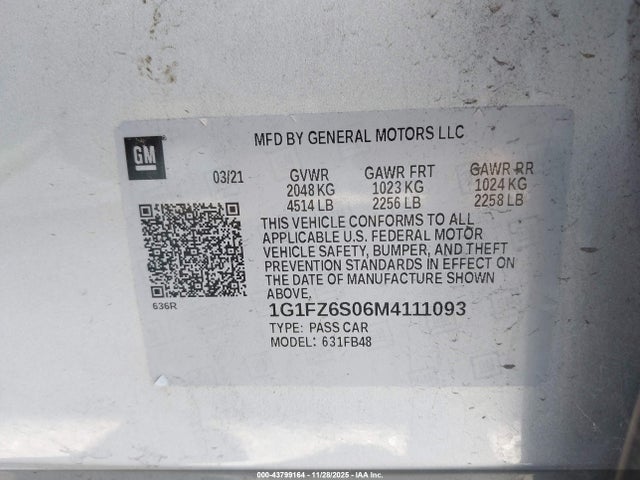 1G1FZ6S06M4111093 Chevrolet Bolt Ev Fwd Premier