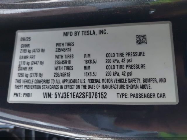 2025 TESLA MODEL 3 5YJ3E1EA2SF076152 Photo 8