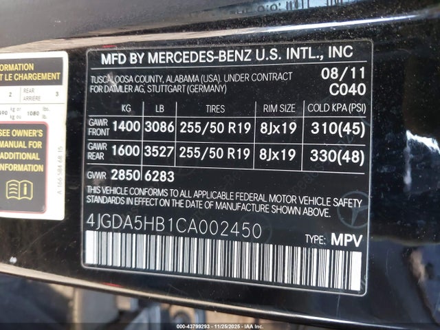 Продажа на аукционе авто 2012 Mercedes-benz Ml 350 4matic, vin: 4JGDA5HB1CA002450, номер лота: 43799293