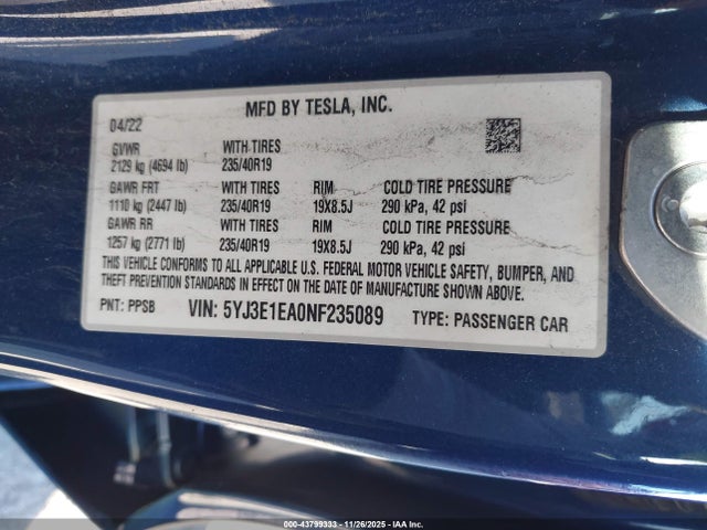 2022 TESLA MODEL 3 5YJ3E1EA0NF235089 Photo 8