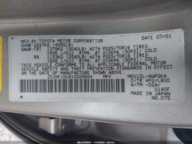 2001 LEXUS RX 300 JTJHF10U810229664 Photo 8