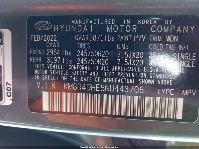 43799369 :رقم المزاد ، KM8R4DHE8NU443706 vin ، 2022 Hyundai Palisade Sel مزاد بيع