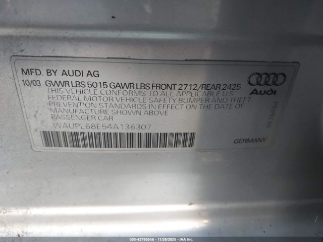 2004 AUDI S4 WAUPL68E54A136307 Photo 8