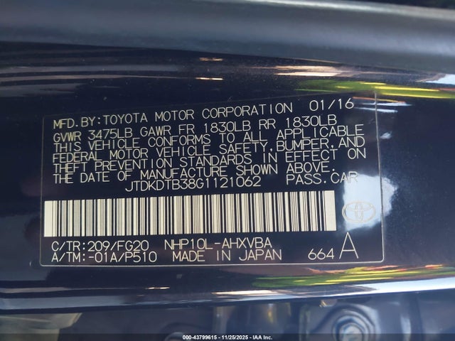 JTDKDTB38G1121062 Toyota Prius C Two