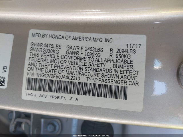 1HGCV2F50JA002213 Honda Accord Ex-l 2.0t